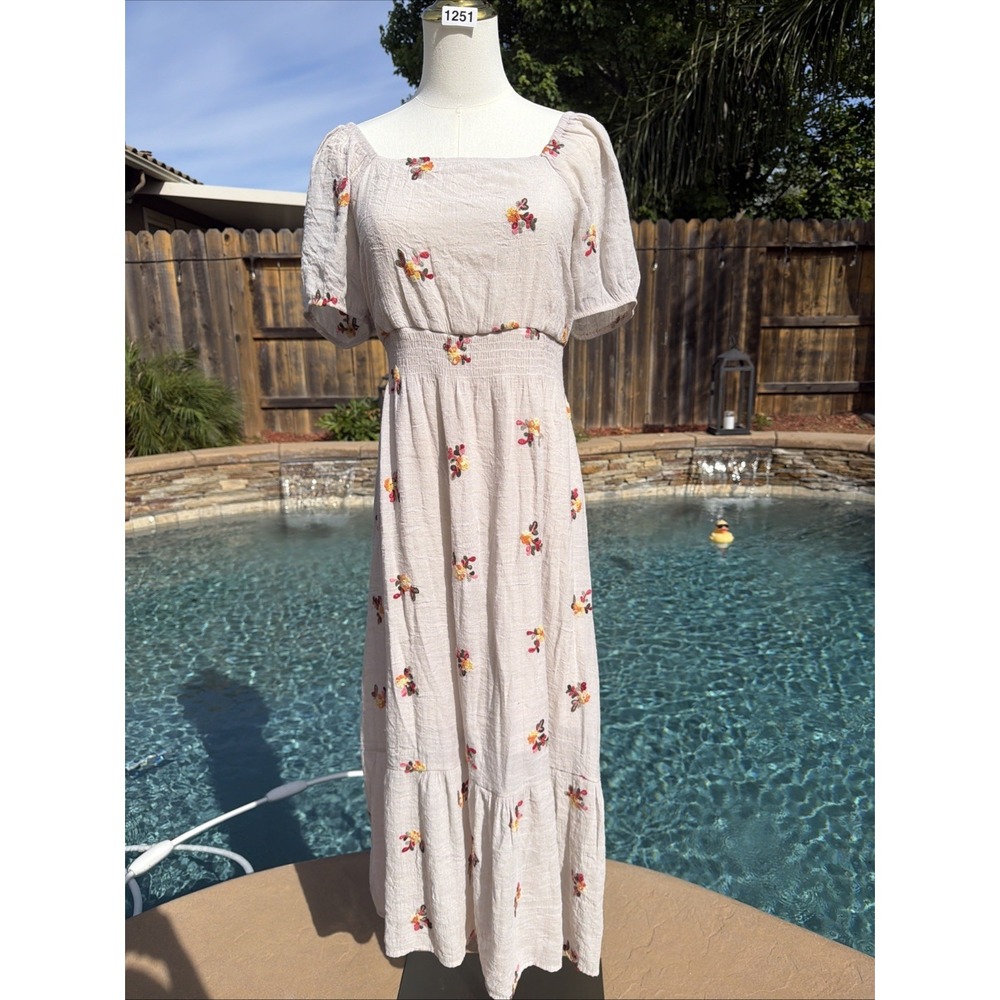 Anthropologie Kindred Natural Scatter Floral Embroidered Square Neck Maxi Dress